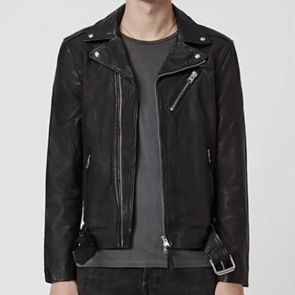 AllSaints, Men’s X-Small Leather Moto Jacket.